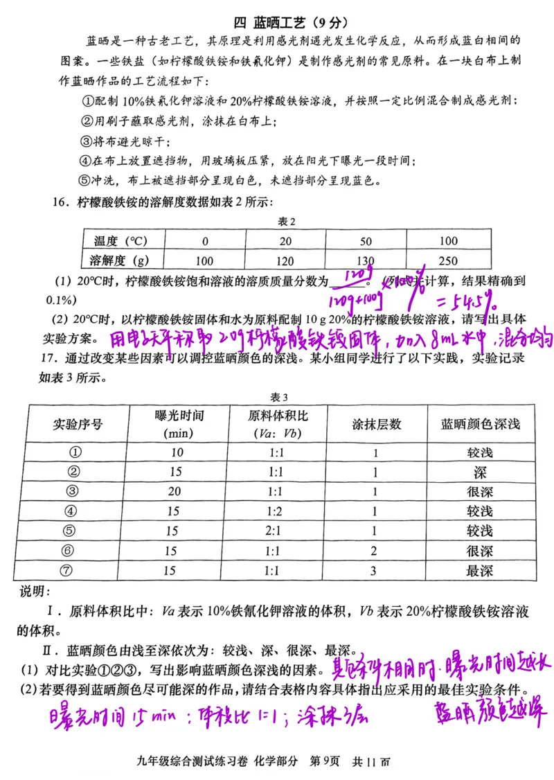 青浦化学手写参考答案_0122026上海中考一模二模真题试卷_2026上海二模更新中1_杨浦