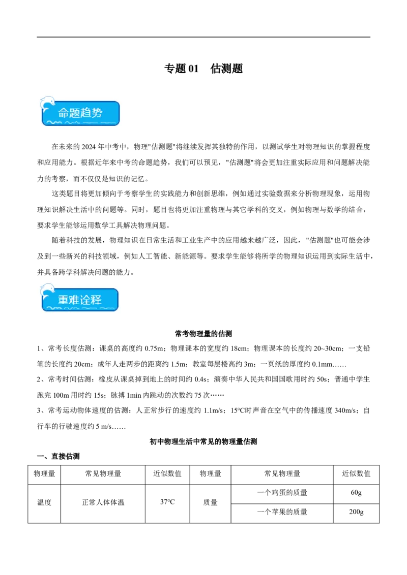 专题01估测题（全国通用）原卷版_8、物理总复习_8.中考物理总复习_2024年中考复习资料_二轮复习资料_完2024年中考物理专题练习（全国通用）_重点练