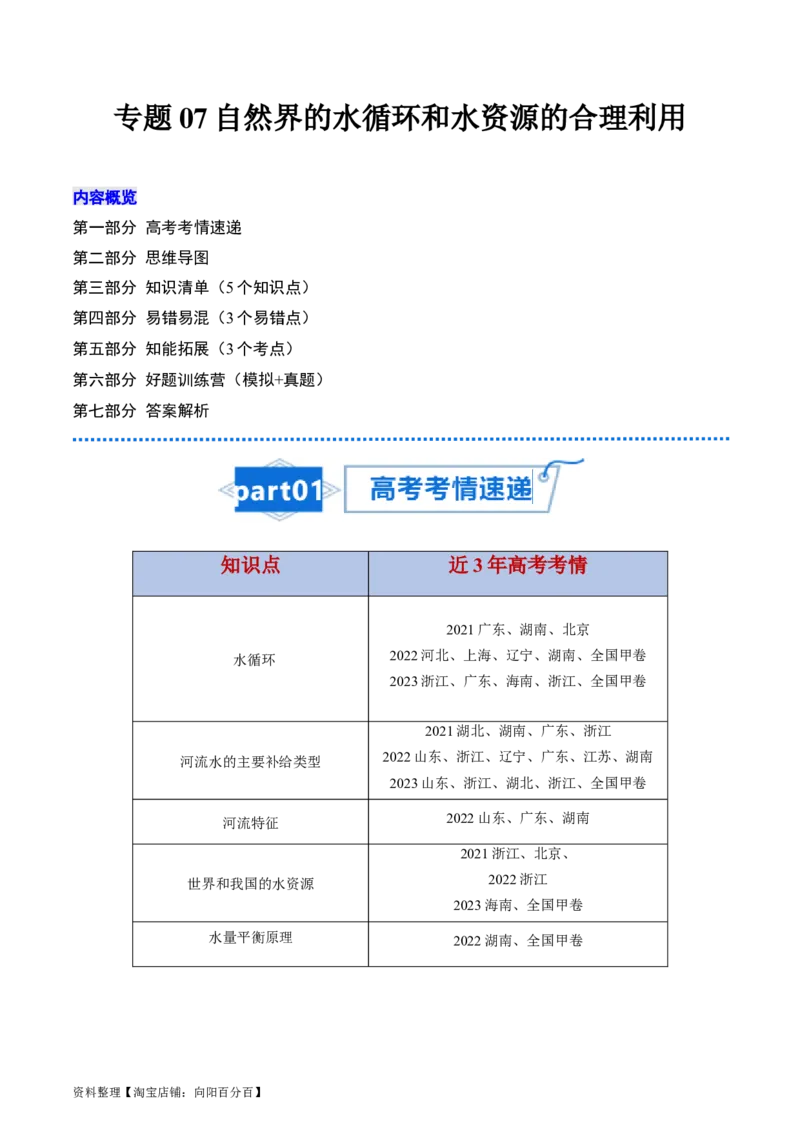 专题07自然界的水循环和水资源的合理利用-口袋书2024年高考地理一轮复习知识清单_新高考复习资料_2024年新高考复习资料_一轮复习资料
