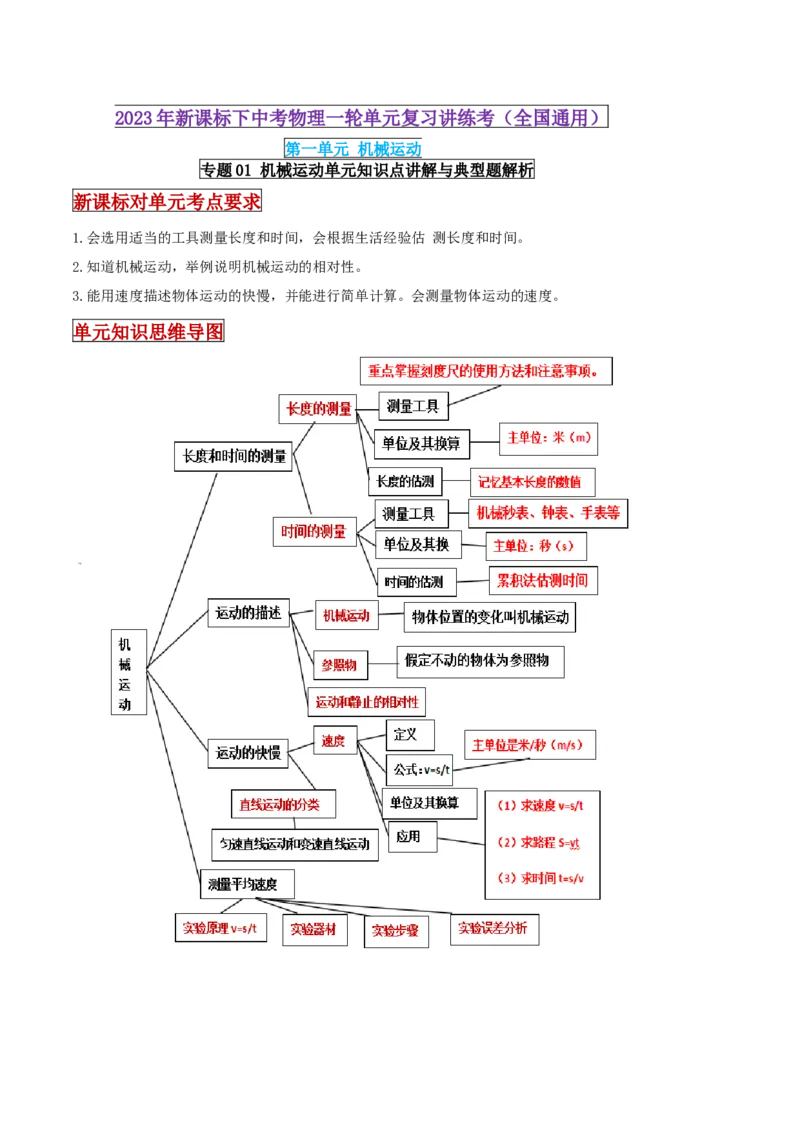 专题01机械运动单元知识点讲解与典型题解析（原卷版）_8、物理总复习_8.中考物理总复习_2023年中考复习资料_一轮复习_讲义+练习2023届中考物理一轮单元复习讲练考（全国通用）