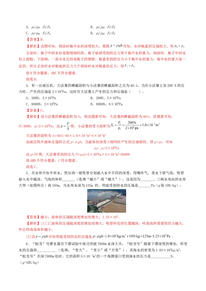专题10压强（8题型）（练习）（解析版）_8、物理总复习_2024年中考复习资料_一轮复习_课件+讲义+练习2024年中考物理一轮复习讲练测（全国通用）_配套练习（原卷版+解析版）