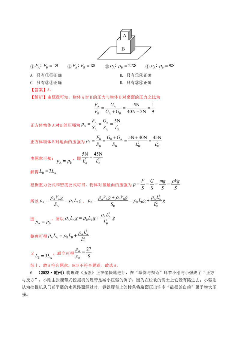 专题10压强（8题型）（练习）（解析版）_8、物理总复习_2024年中考复习资料_一轮复习_课件+讲义+练习2024年中考物理一轮复习讲练测（全国通用）_配套练习（原卷版+解析版）