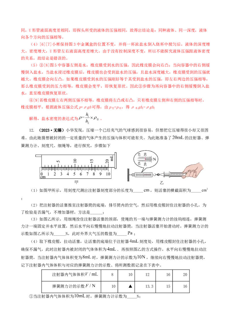 专题10压强（8题型）（练习）（解析版）_8、物理总复习_2024年中考复习资料_一轮复习_课件+讲义+练习2024年中考物理一轮复习讲练测（全国通用）_配套练习（原卷版+解析版）