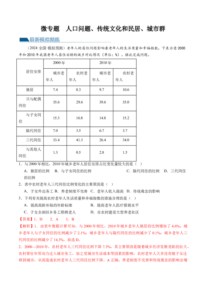 专题08微专题人口问题、传统文化和民居、城市群（练习）（解析版）_新高考复习资料_2024年新高考复习资料_二轮复习资料_2024年高考地理二轮复习讲练测（新教材新高考）_配套练习