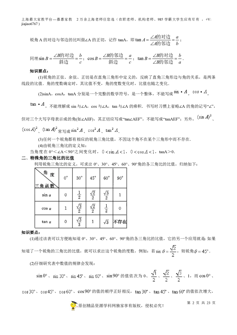 专题16锐角三角比-备战2023年中考数学一轮复习考点帮（上海专用）（原卷版）_0122026上海中考一模二模真题试卷_2026年上海一模_上海1500初中高中试卷_初中_九年级_下学期_4：模拟卷多