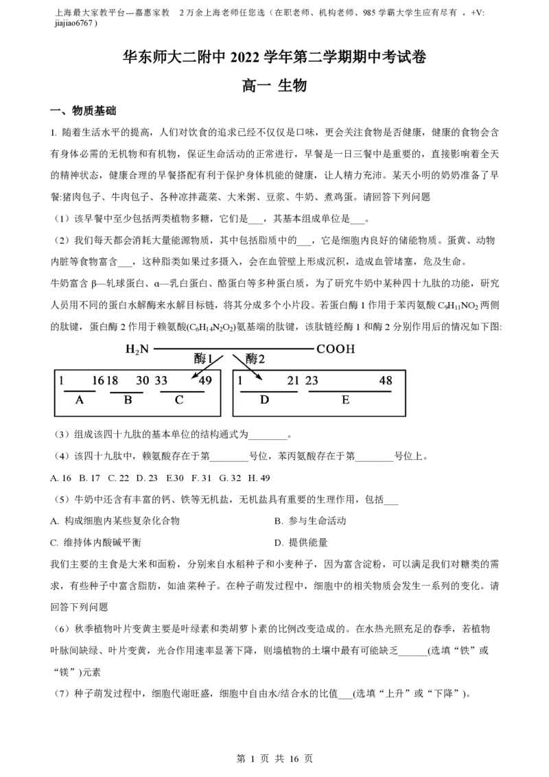 精品解析：上海市华东师范大学二附中2022-2023学年高一下学期期中生物试题（解析版）_0122026上海中考一模二模真题试卷_2026年上海一模_上海1500初中高中试卷_高中_高一_下学期_2：期中