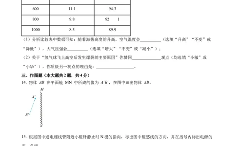 精品解析：2024年上海市徐汇区中考二模物理试题（原卷版）_0122026上海中考一模二模真题试卷_2025-2012年_4.上海中考物理一模二模（14-24）_二模