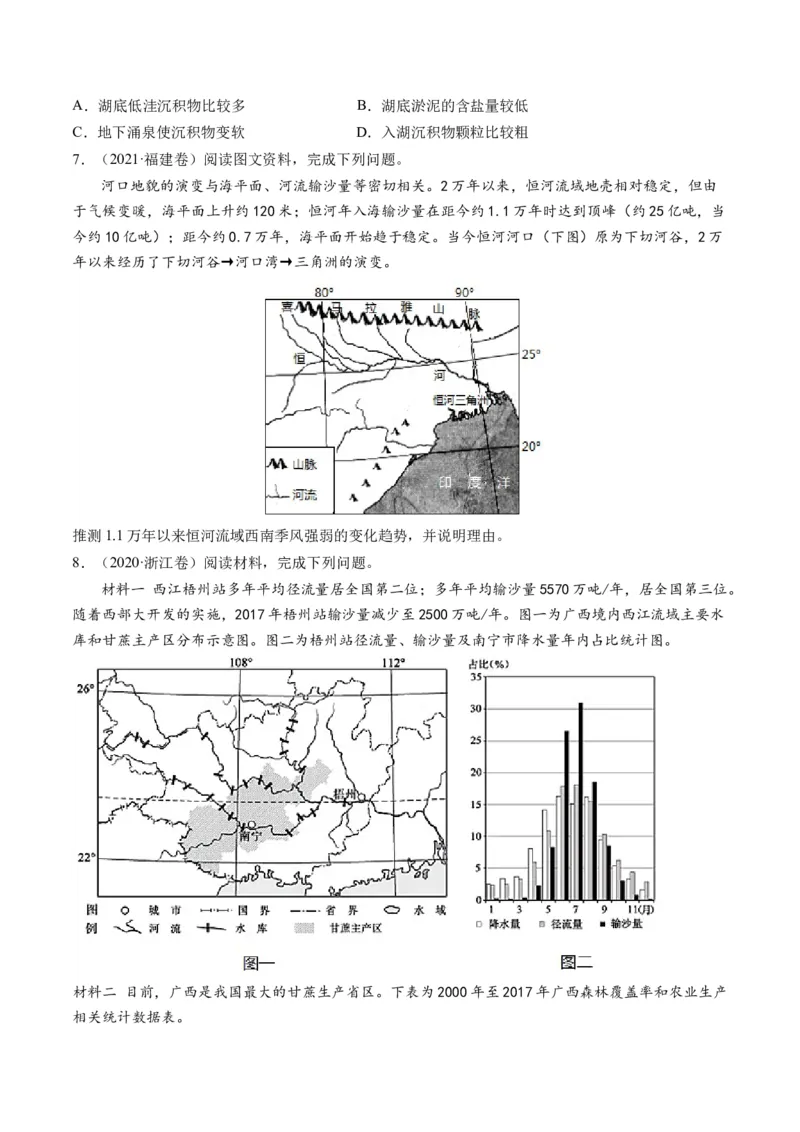 专题04微专题水量平衡、含沙量与输沙量、湖泊（练习）（原卷版）_新高考复习资料_2024年新高考复习资料_二轮复习资料_2024年高考地理二轮复习讲练测（新教材新高考）_配套练习