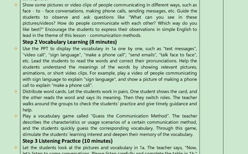 Unit8Let'sCommunicate!第1课时教案（表格式）_最新人教版英语八年级上册_新版_初中英语8上新更新第三套可选择_02教案_英文版