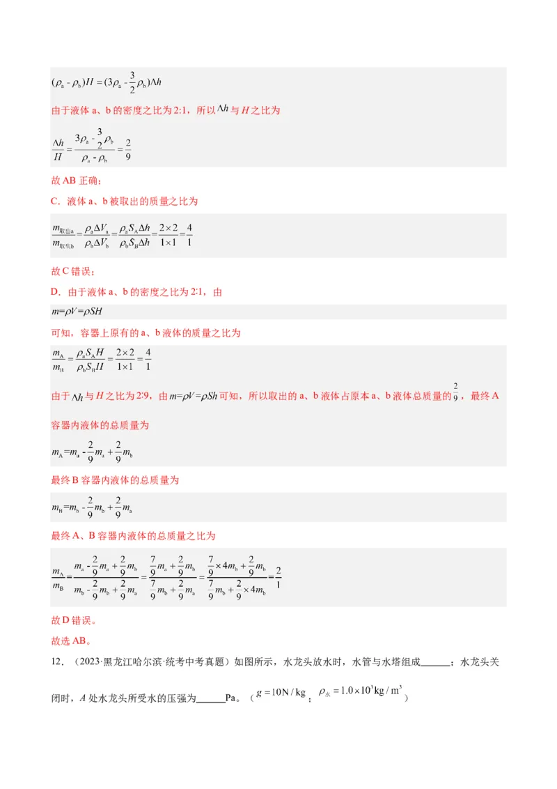 专题11液体压强（解析版）_8、物理总复习_8.中考物理总复习_2024年中考复习资料_一轮复习资料_完备战2024年中考物理一轮复习讲义练习（全国通用）_教师版（含答案解析）