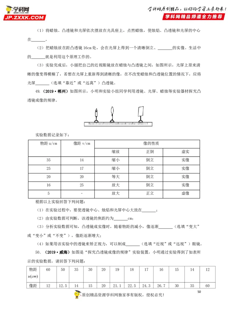 专题03透镜及其应用（原卷版）_8、物理总复习_8.中考物理总复习_2022年中考复习资料_三年（2019-2021）中考真题物理分项汇编（全国通用）
