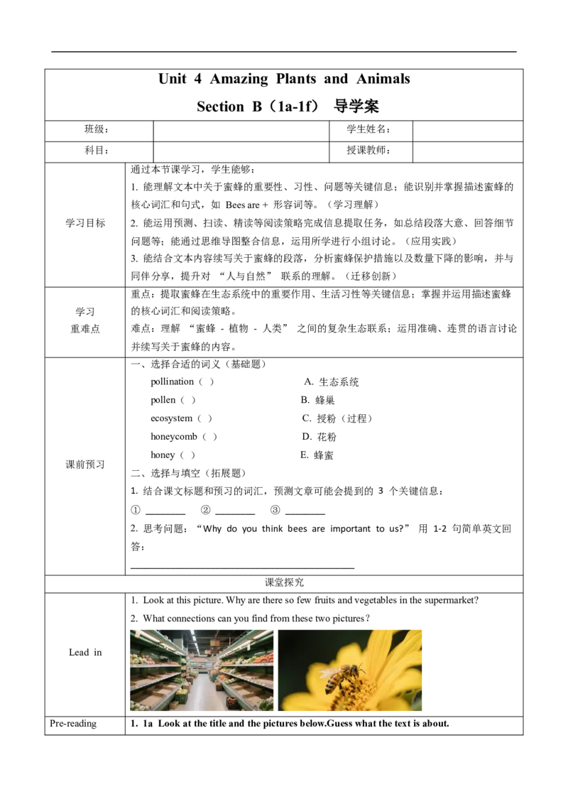 Unit4课时4SectionB（1a-1f）（导学案）_最新人教版英语八年级上册_新版_初中英语8上新更新第一套可选择_01.U4-U5.英语8上-教案+PPT课件+导学案+分层作业第1套_Unit4