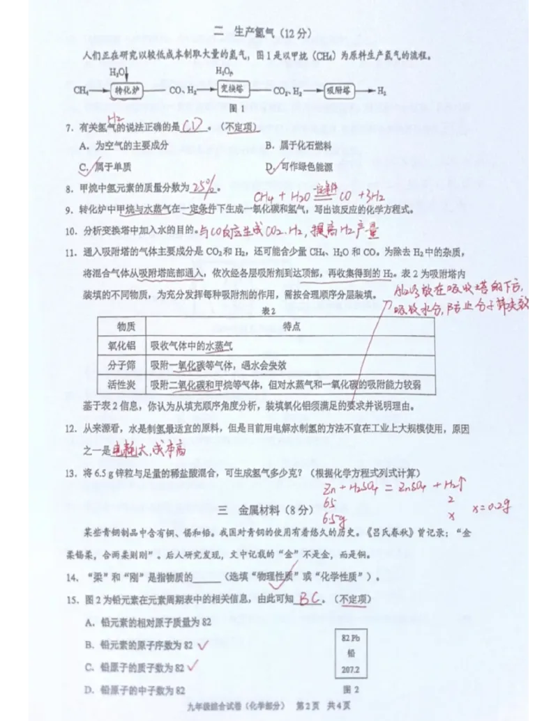 黄浦化学答案（手写参考版）_0122026上海中考一模二模真题试卷_2026上海二模更新中1_黄浦