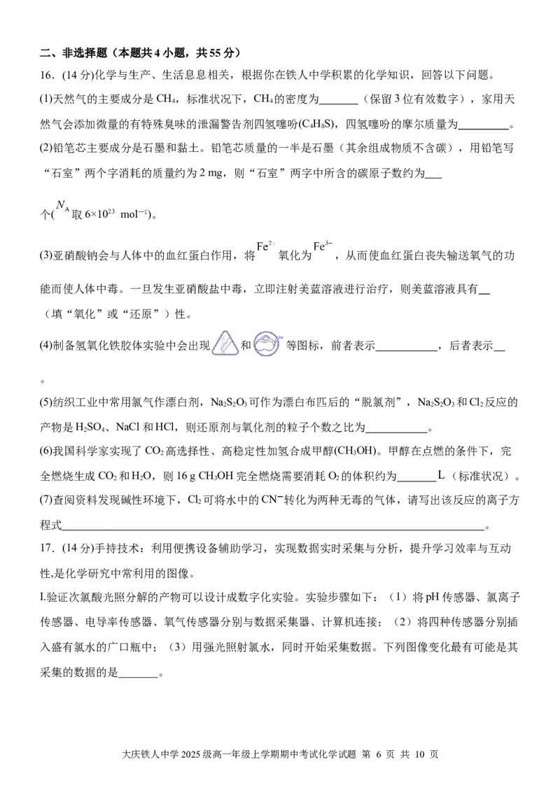 大庆铁人中学2025级高一年级上学期期中考试化学试题11.15_2025年12月高一试卷_251212黑龙江省大庆铁人中学2025-2026学年高一上学期期中考试（全）