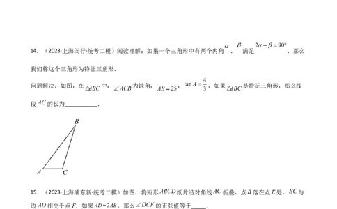 专题06相似、锐角三角比与平面向量（原卷版）_0122026上海中考一模二模真题试卷_2025-2012年_2.上海中考数学一模二模（12-24）_二模_2023年上海市中考数学二模试卷（16区）