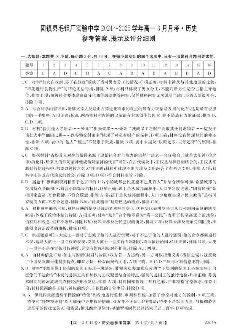 安徽省蚌埠市固镇县固镇县毛钽厂实验中学2024-2025学年高一下学期3月月考历史试卷参考答案_2025年03月试卷_0322安徽省蚌埠市固镇县毛钽厂实验中学2024-2025学年高一下学期3月月考