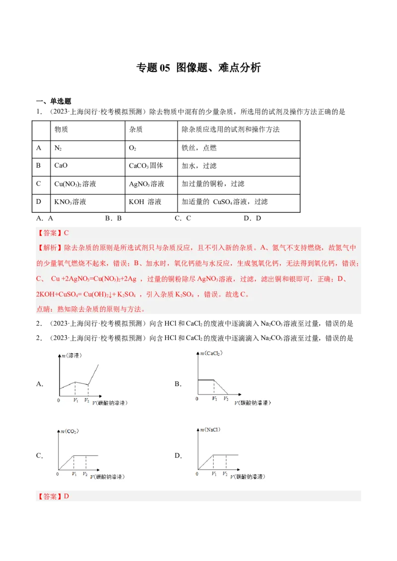专题05图像题、难点分析（解析版）_0122026上海中考一模二模真题试卷_2025-2012年_5.上海中考化学一模二模（12-24）_一模_2023年上海市中考化学一模试卷（15区）