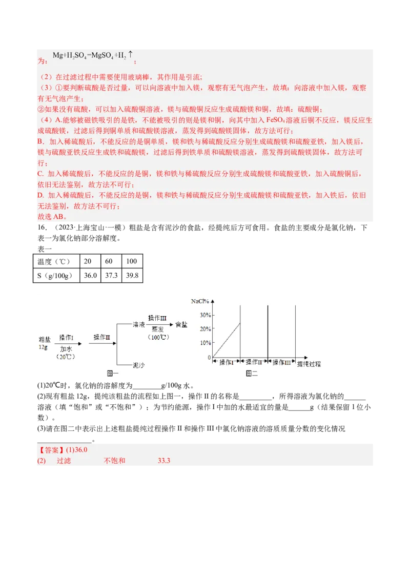专题07简答题溶液题、压轴题（解析版）_0122026上海中考一模二模真题试卷_2025-2012年_5.上海中考化学一模二模（12-24）_一模_2023年上海市中考化学一模试卷（15区）