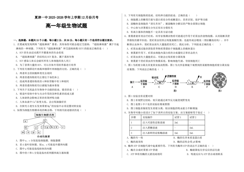 山东省夏津第一中学2025-2026学年高一上学期12月月考生物试题_2026年01月高一试卷_260101山东省德州市夏津第一中学2025-2026学年高一上学期12月月考（全）