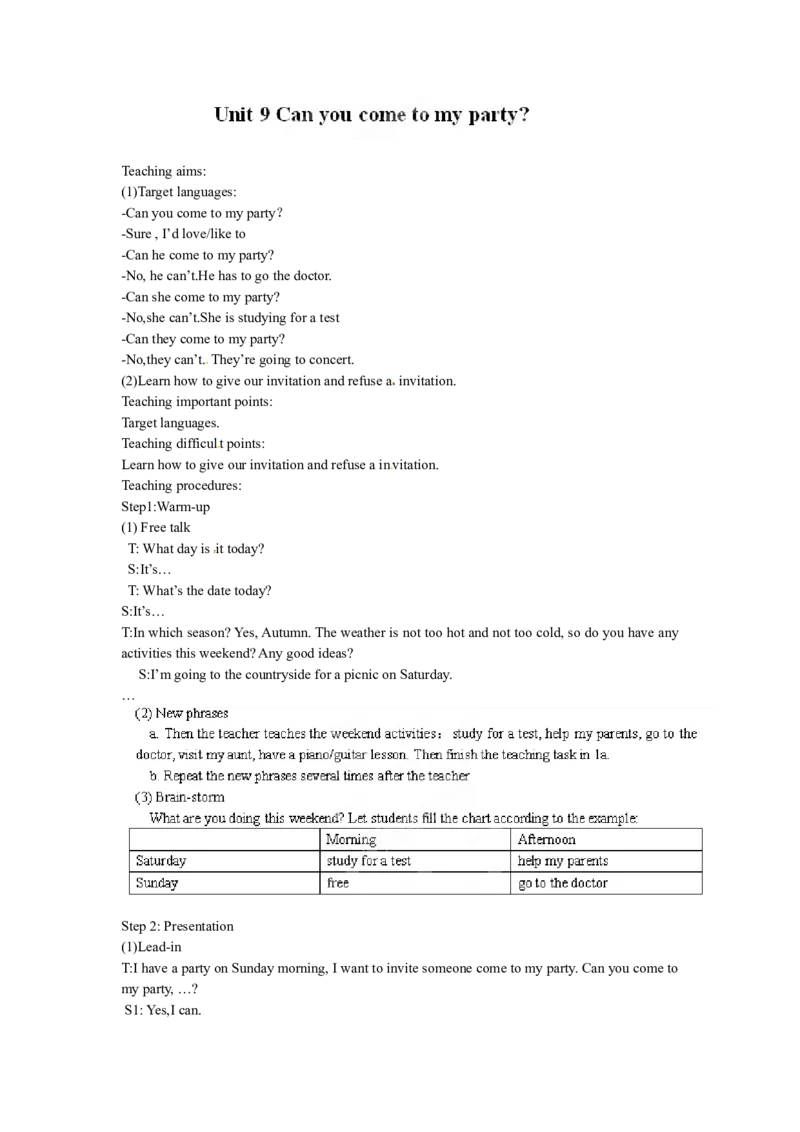 八年级英语上册《Unit9Canyoucometomyparty》教案_最新人教版英语八年级上册_老版（含有参考价值）_01教案人教版初中英语八上（多版本）易提分旗舰店_精品教案（多选择）