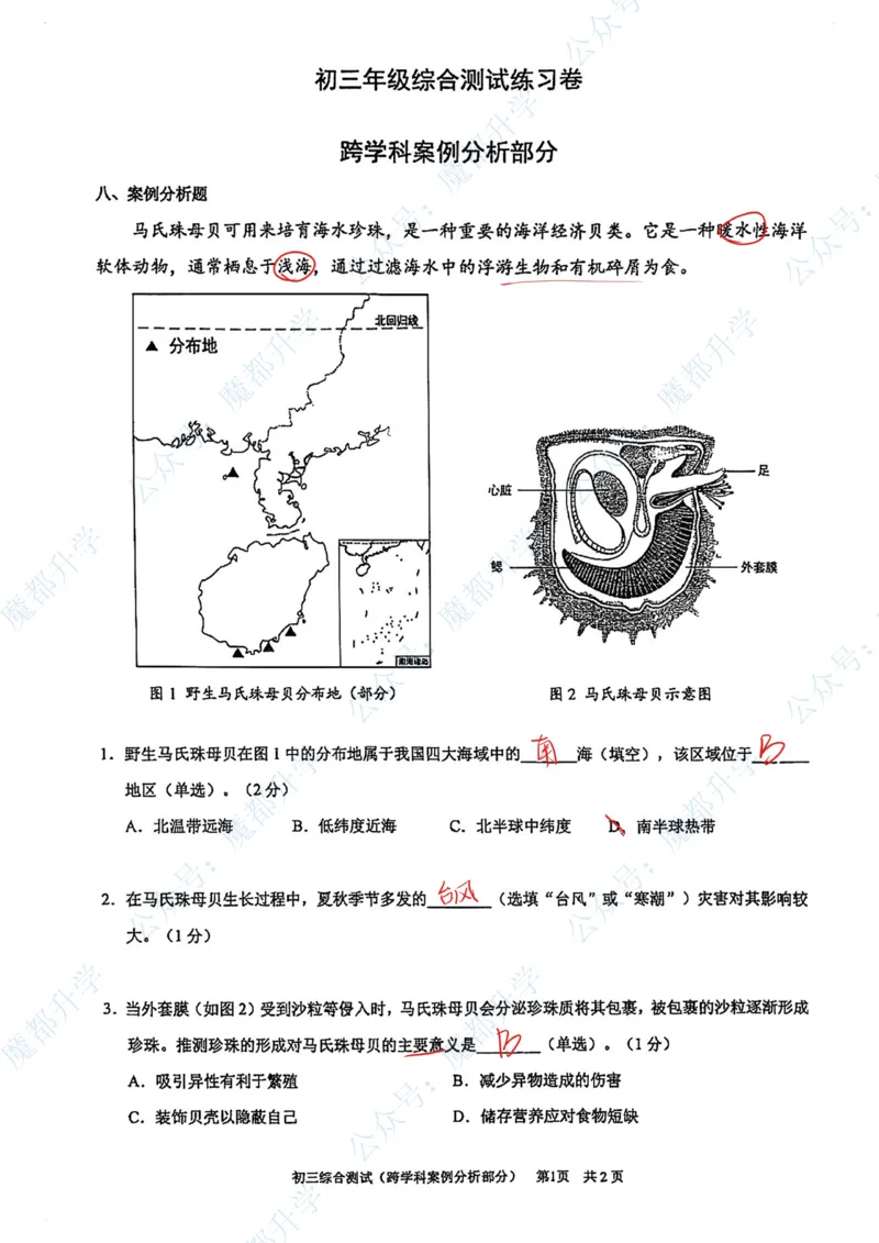 浦东跨学科手写参考答案_0122026上海中考一模二模真题试卷_2026上海二模更新中1_杨浦