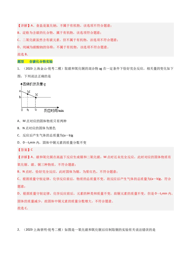 专题06碳及其化合物（解析版）_0122026上海中考一模二模真题试卷_2025-2012年_5.上海中考化学一模二模（12-24）_二模_2023年上海市中考化学二模试卷（15份）