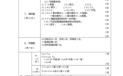 上海市黄浦区2020届九年级上学期期末(一模）物理答案（word版）_0122026上海中考一模二模真题试卷_2025-2012年_4.上海中考物理一模二模（14-24）_一模_2020年上海市中考物理一模答案
