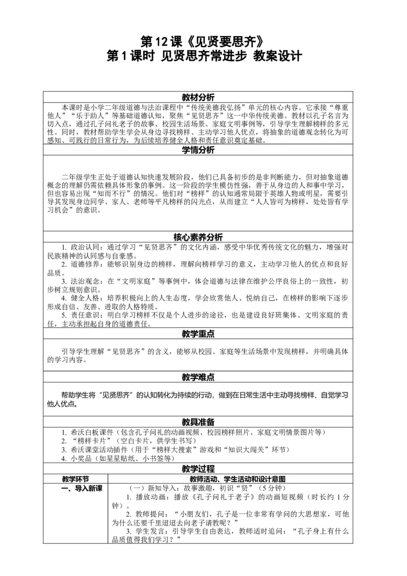 12.1《见贤要思齐&mdash;&mdash;见贤思齐常进步》教案设计(1)(1)_26新二年级道法下册（统编版）_版本一_部编版道德与法治2下_2026春新版_第二套_01.道法2下第2套课件+核心素养教案26春已更完