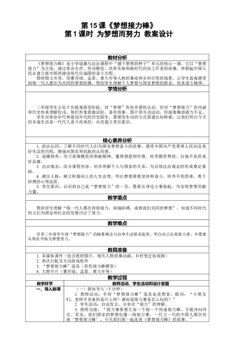 15.1《梦想接力棒&mdash;&mdash;为梦想而努力》教案设计(1)(1)_26新二年级道法下册（统编版）_版本一_部编版道德与法治2下_2026春新版_第一套_02.道德2下-表格式核心素养教案+PPT课件第2套已更完