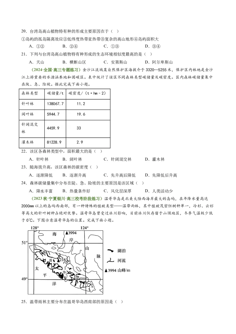 4.1主要植被与自然环境（练习）（原卷版）_新高考复习资料_2024年新高考复习资料_一轮复习资料_完备战2024年高考地理一轮复习考点帮（新高考专用）_第二部分自然地理