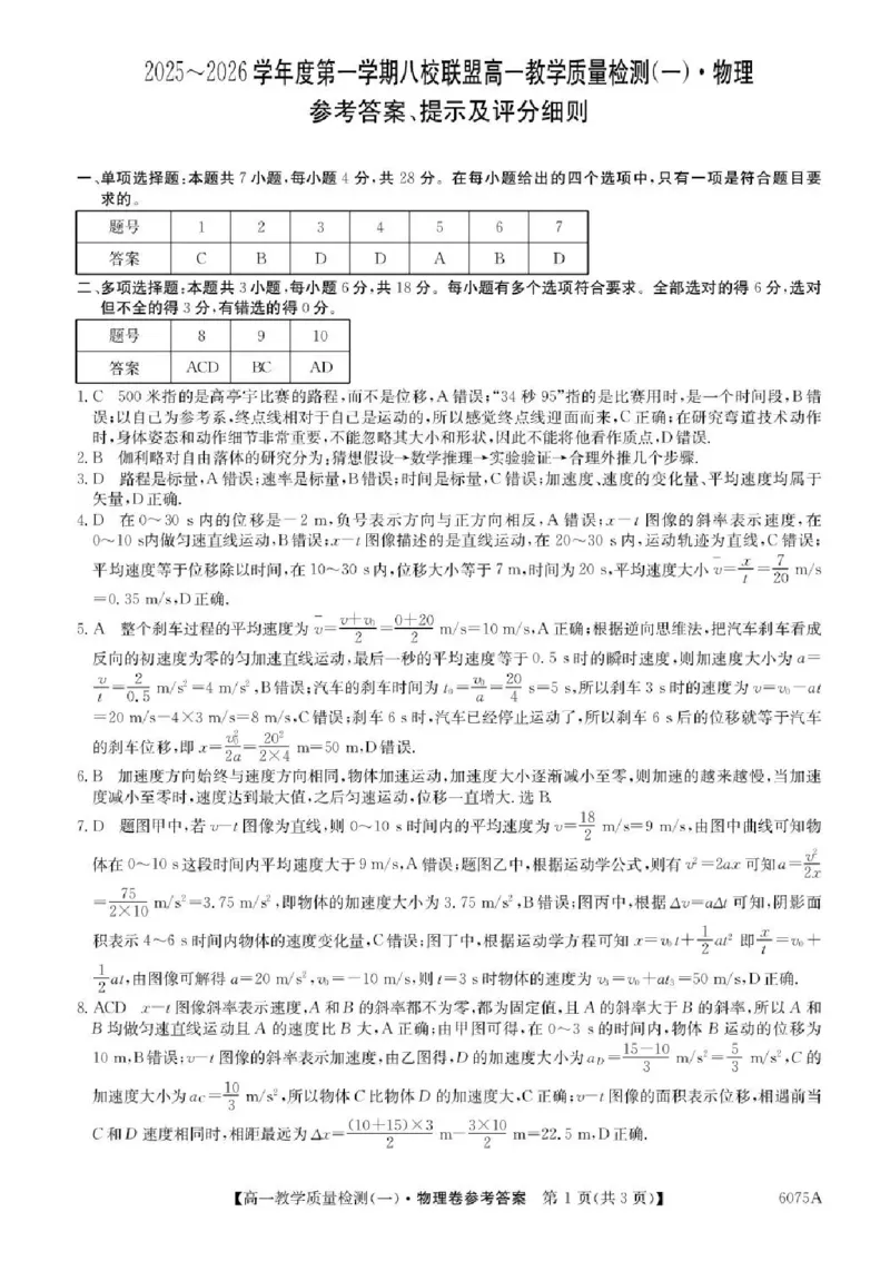 广东省八校联盟2025-2026学年高一上学期教学质量检测（一）物理试题含答案_2025年10月高一试卷_251028广东省八校联盟2025-2026学年高一上学期教学质量检测（一）（全）