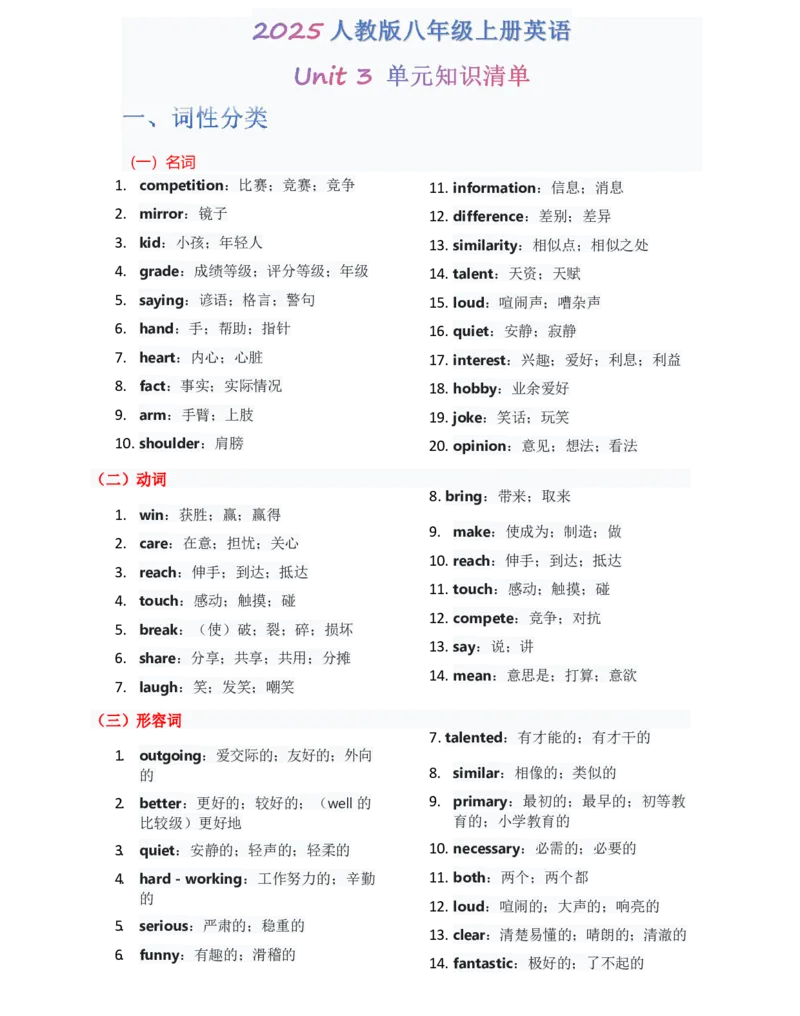 （合并）单元知识清单Unit1-8教师版_最新人教版英语八年级上册_新版_最新2025秋人教版英语（八年级上册）_2025秋人教版英语8上：预习资料包_14单元知识清单（word+pdf）