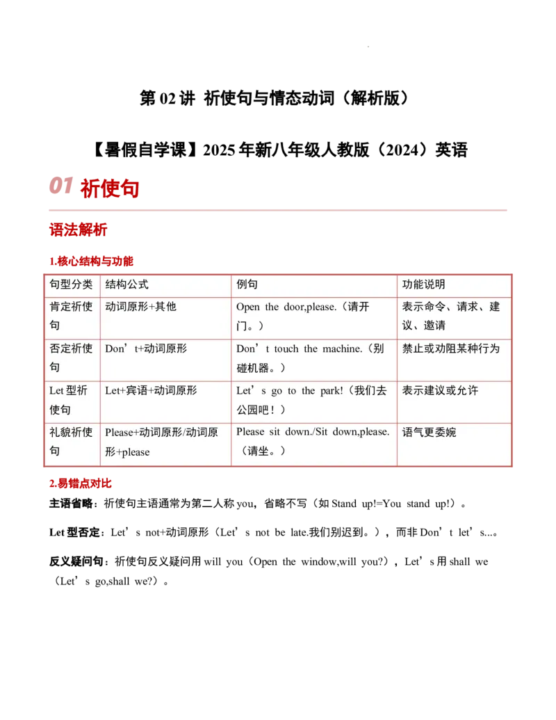 第02讲祈使句与情态动词（原卷版）暑假自学课2025年新八年级人教版（2024）英语_最新人教版英语八年级上册_新版_初中英语8上新更新第三套可选择_18暑假自学