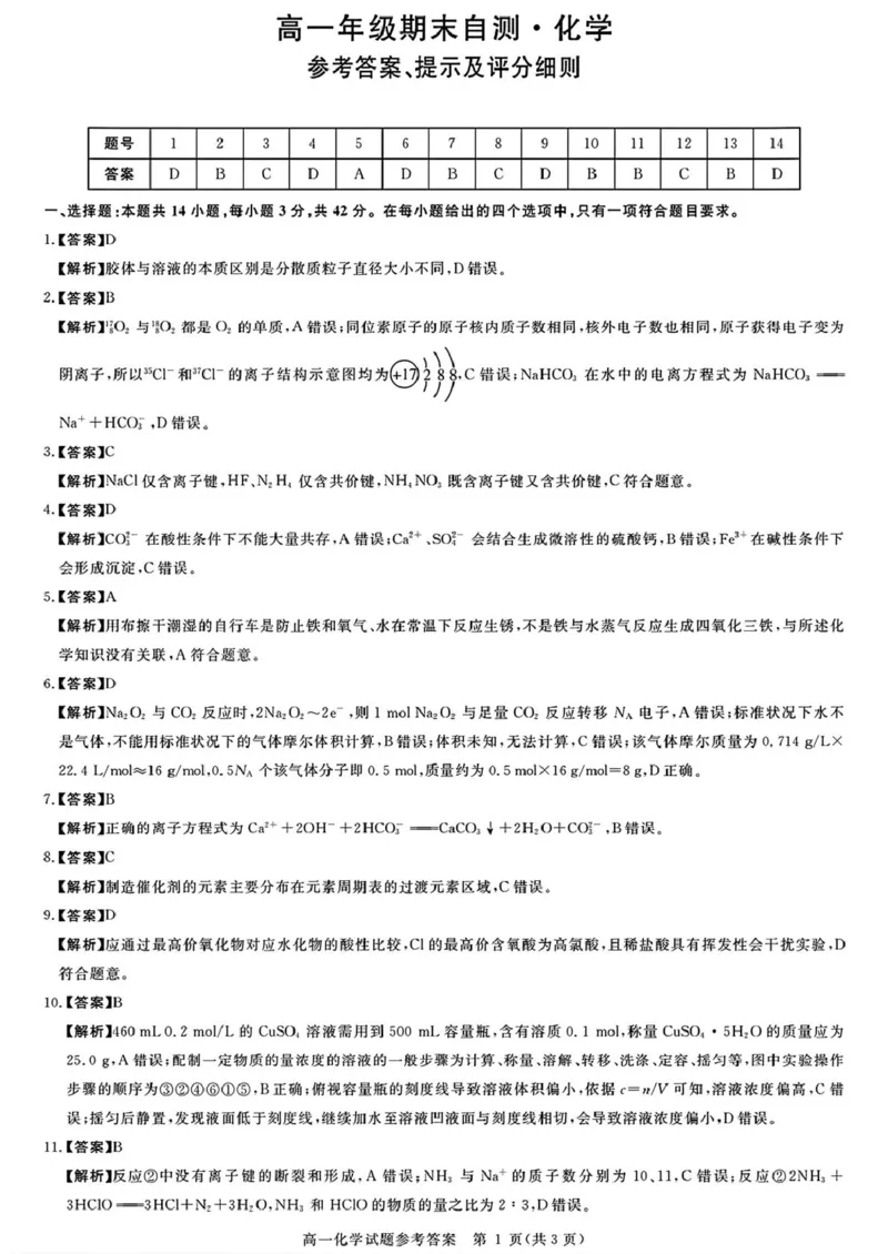 山西晋城市2025-2026学年高一上学期2月期末化学试题（图片版，含答案）_2026年02月高一试卷_260214山西省晋城市2025-2026学年高一上学期2月期末自测（全）