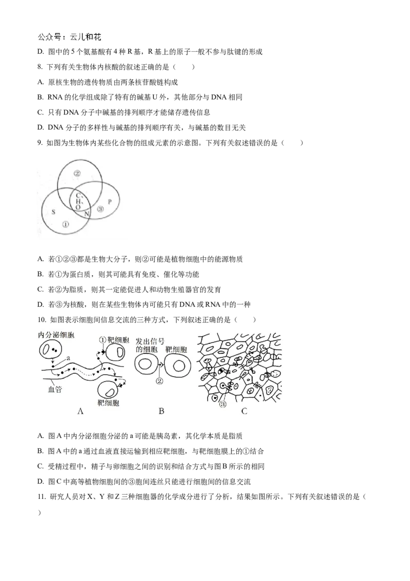 山西省部分学校2024-2025学年高一上学期11月期中质量检测生物试题Word版无答案_2024年12月试卷_1209山西省部分学校2024-2025学年高一上学期11月期中考试