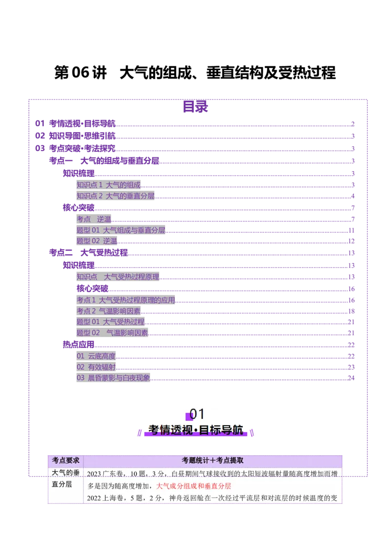 第06讲大气的组成、垂直结构及受热过程（讲义）（原卷版）_新高考复习资料_2025年新高考资料_2025年高考地理一轮复习讲练测（新教材新高考）