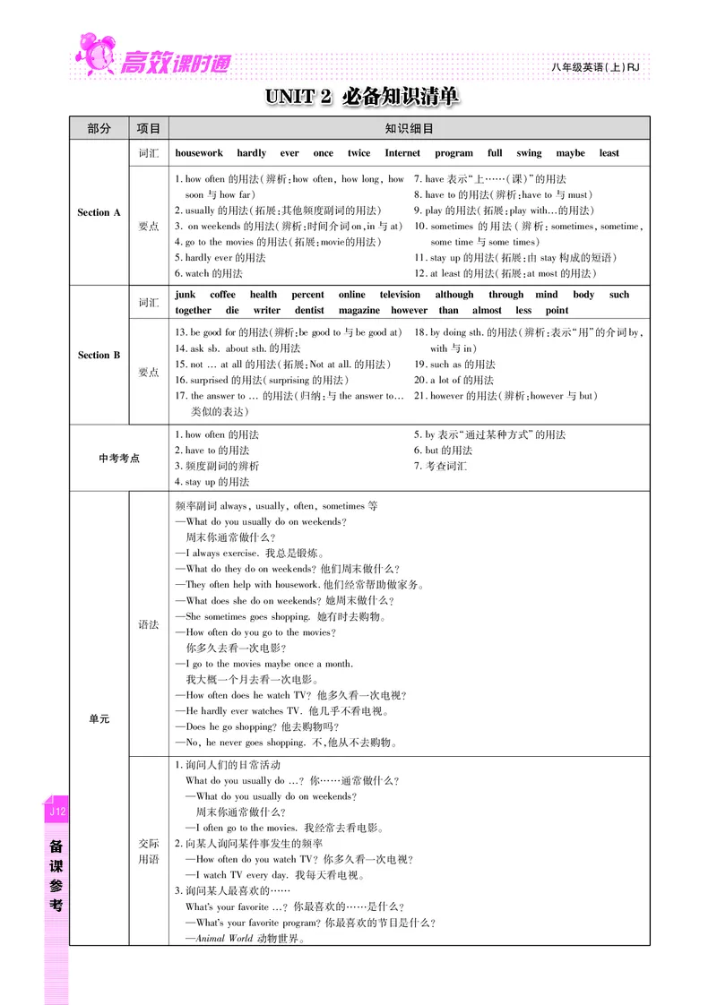 高效课时通人教版英语八年级上册Unit2Howoftendoyouexercise备课参考（PDF版）_最新人教版英语八年级上册_老版（含有参考价值）_备课素材