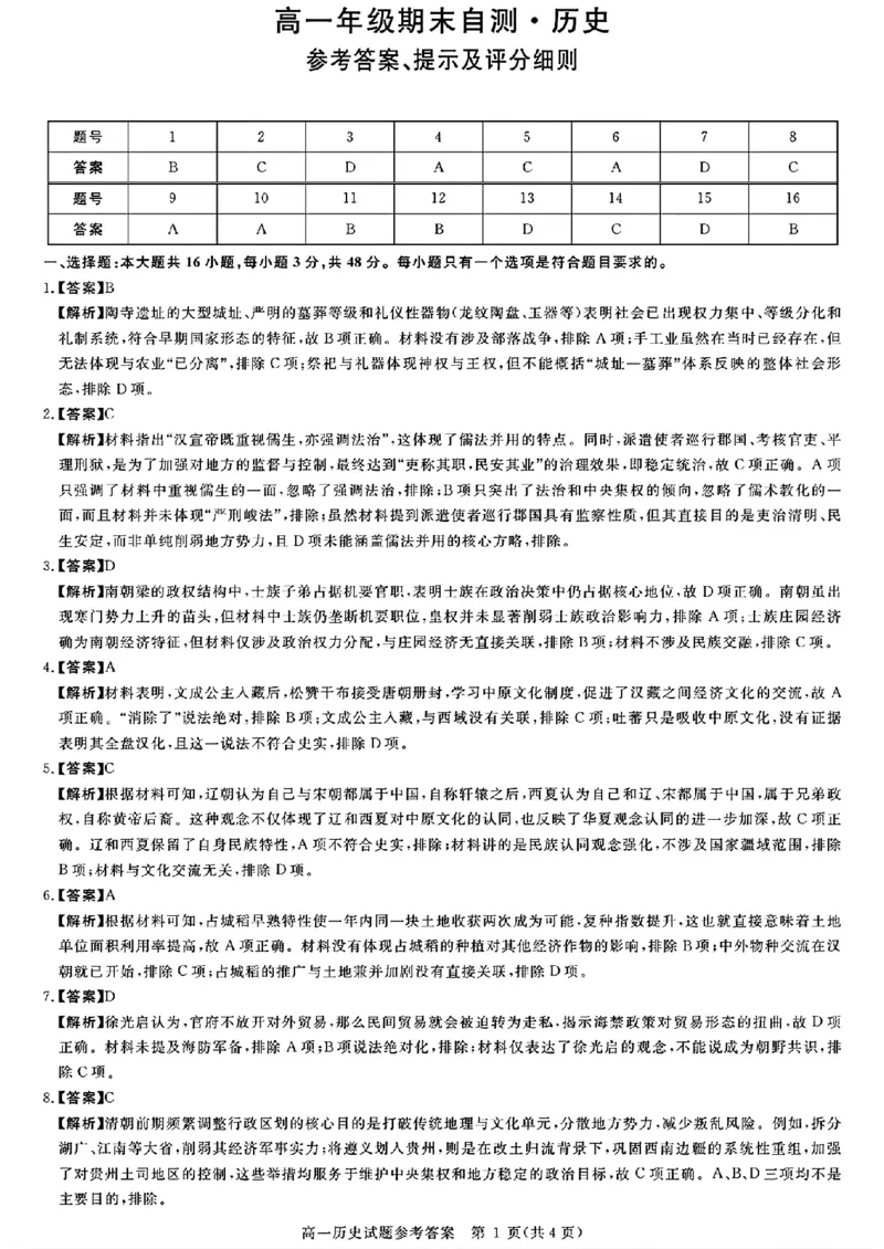 山西晋城市2025-2026学年高一上学期期末自测历史试题含答案_2026年02月高一试卷_260214山西省晋城市2025-2026学年高一上学期2月期末自测（全）