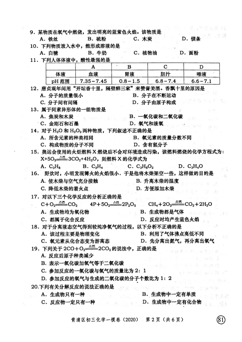 2020上海中考化学一模试卷（扫描版）&mdash;&mdash;&mdash;全套16区_0122026上海中考一模二模真题试卷_2025-2012年_5.上海中考化学一模二模（12-24）_一模_2020年上海市中考化学一模试卷（15份）
