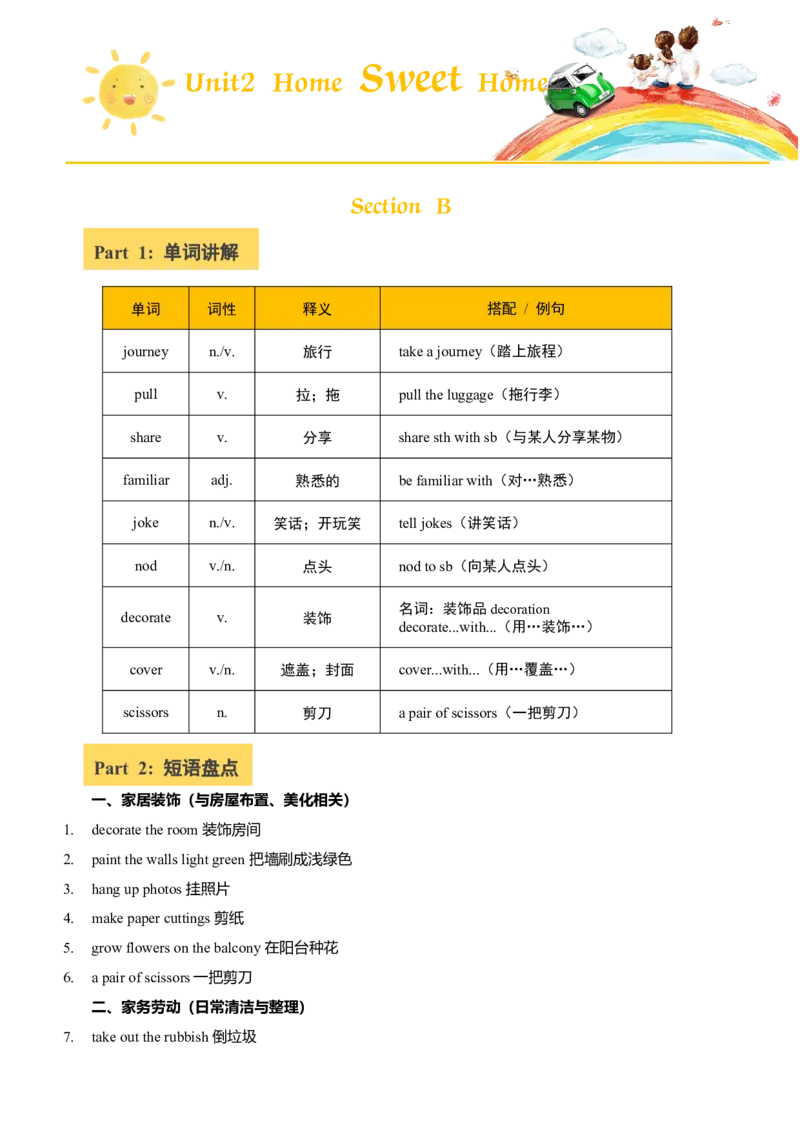 讲义Unit2SweetHomeSectionB(单词+短语+句子+知识点+习题)_最新人教版英语八年级上册_新版_初中英语8上新更新第三套可选择_08讲义+单元复习课件_8上人教英语Unit2讲义+课件