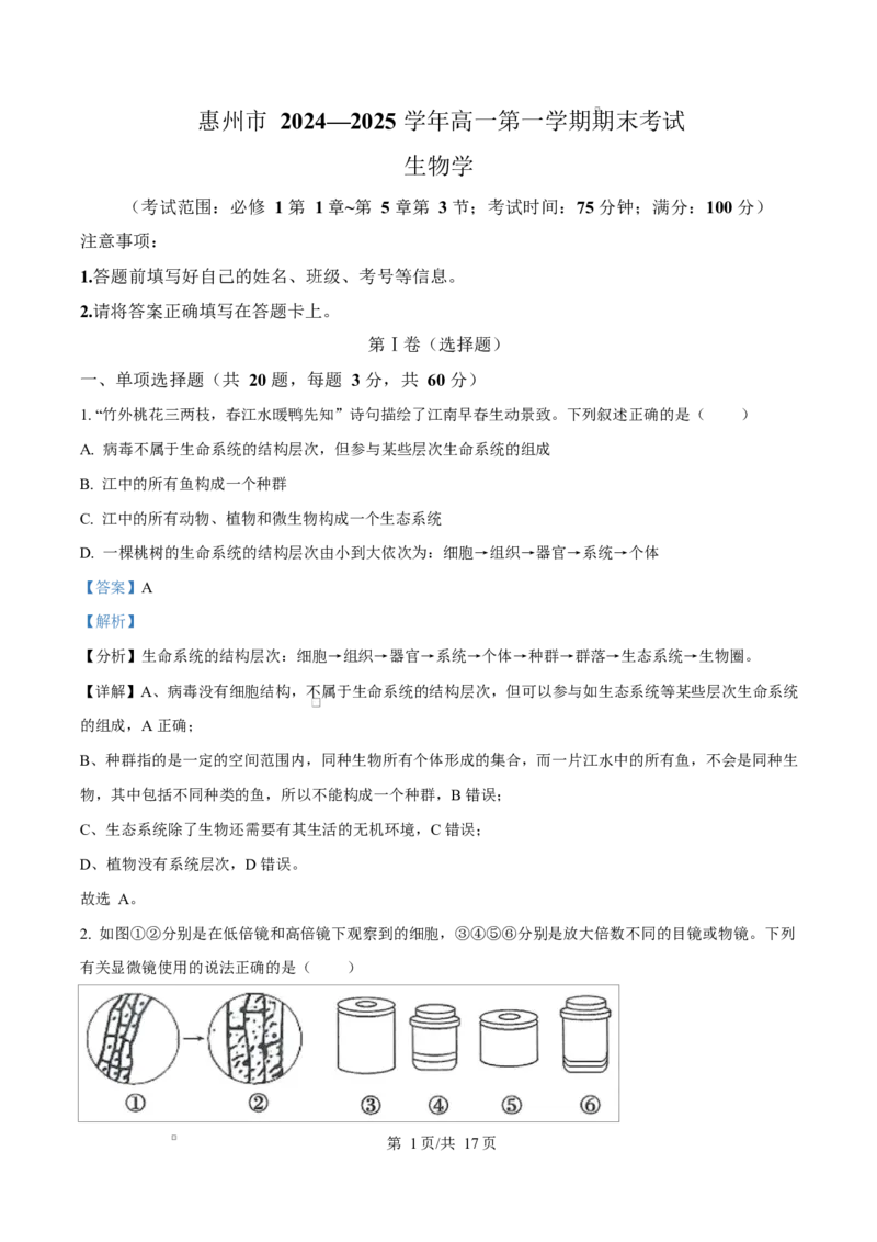 广东省惠州市2024-2025学年高一上学期期末质量检测生物试卷Word版含解析_2025年02月试卷_0221广东省惠州市2024-2025学年高一上学期期末考试