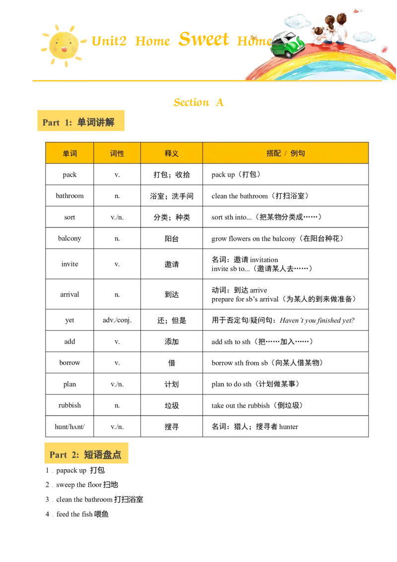 讲义Unit2SweetHomeSectionA(单词+短语+句子+知识点+习题)_最新人教版英语八年级上册_新版_初中英语8上新更新第三套可选择_08讲义+单元复习课件_8上人教英语Unit2讲义+课件