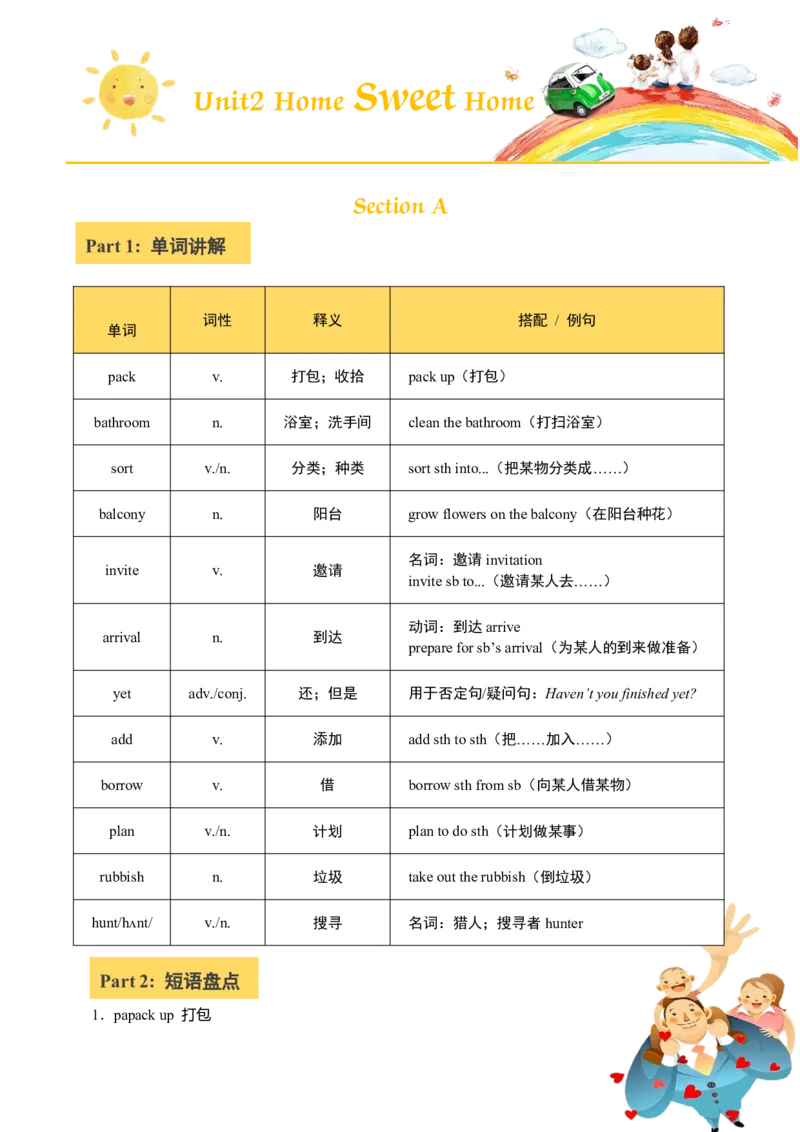 讲义Unit2SweetHomeSectionA(单词+短语+句子+知识点+习题)_最新人教版英语八年级上册_新版_初中英语8上新更新第三套可选择_08讲义+单元复习课件_8上人教英语Unit2讲义+课件