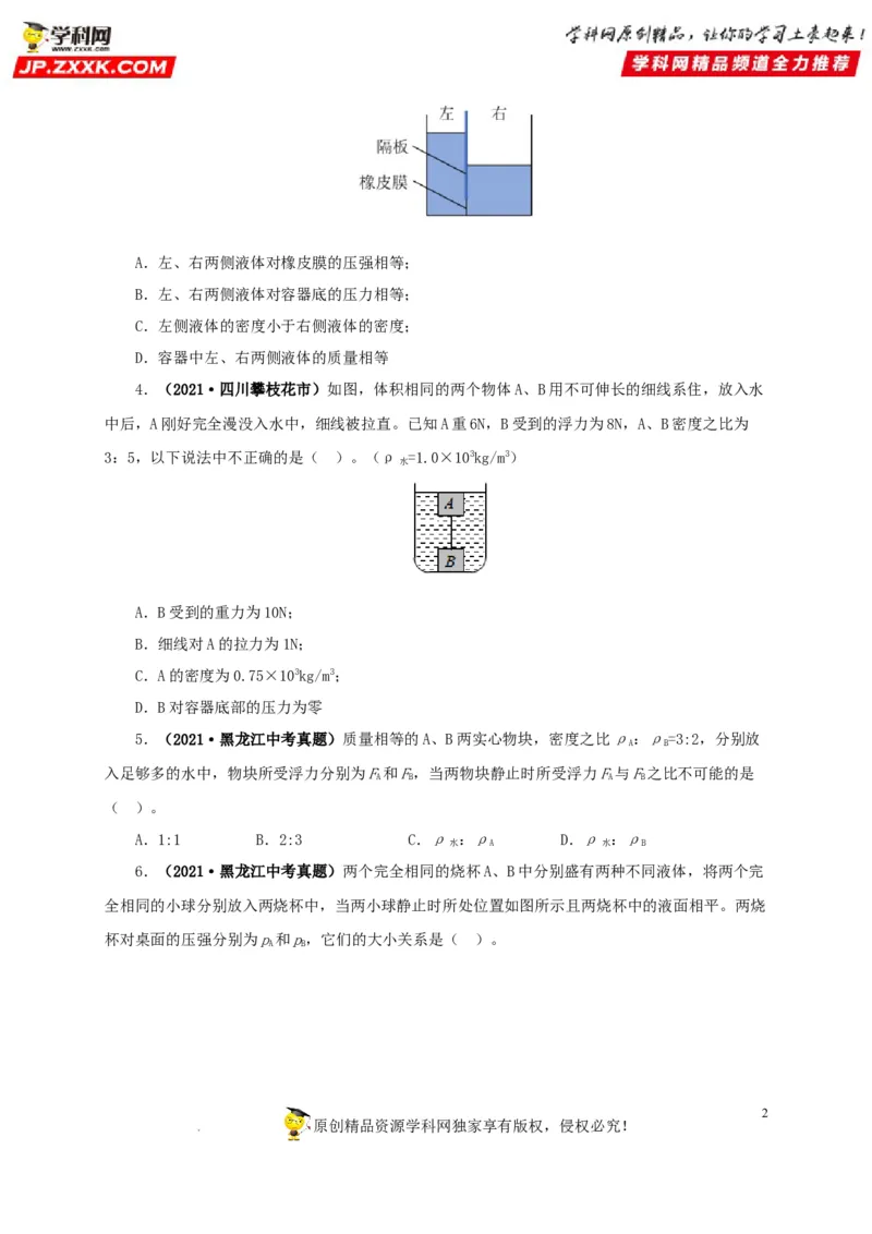 第十三单元密度、压强和浮力综合真题训练（原卷版）_8、物理总复习_8.中考物理总复习_2022年中考复习资料