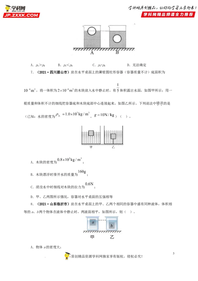 第十三单元密度、压强和浮力综合真题训练（原卷版）_8、物理总复习_8.中考物理总复习_2022年中考复习资料