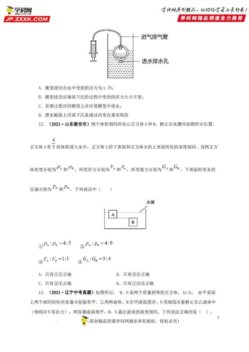 第十三单元密度、压强和浮力综合真题训练（原卷版）_8、物理总复习_8.中考物理总复习_2022年中考复习资料