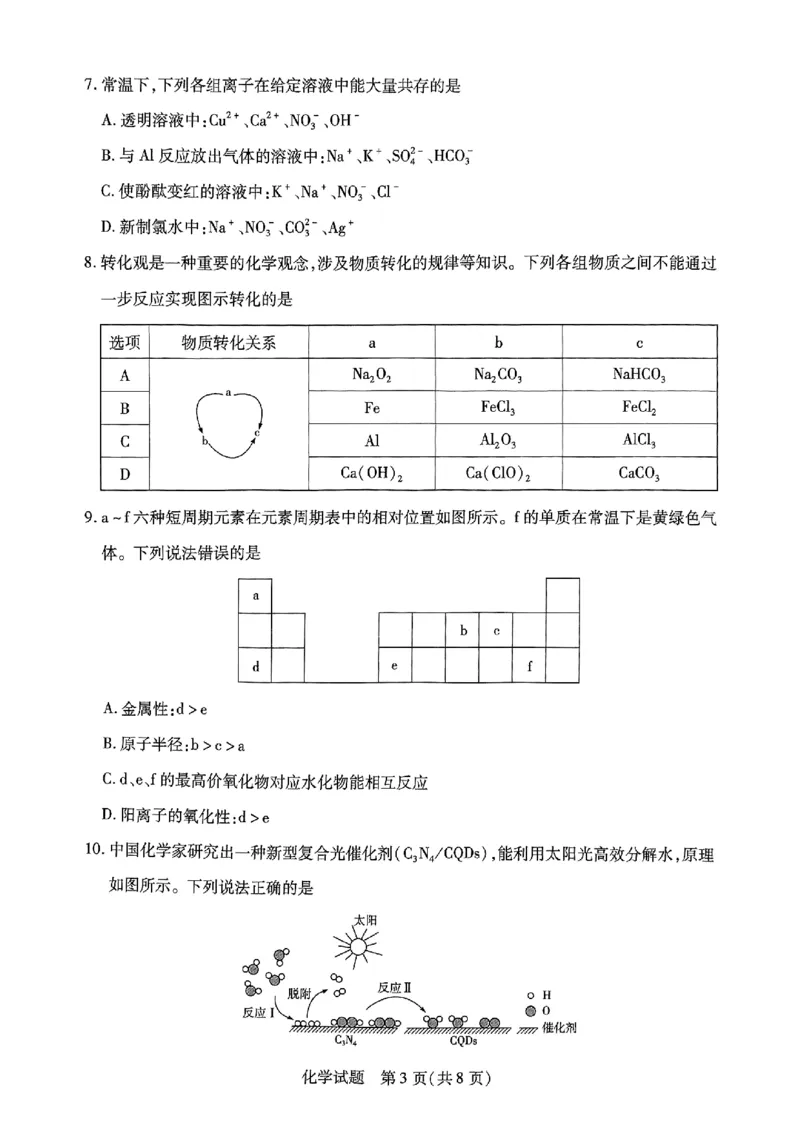 山西省晋中市2024-2025学年高一年级期末调研化学测试试卷_2025年03月试卷_0315山西省晋中市2024-2025学年高一上学期期末考试
