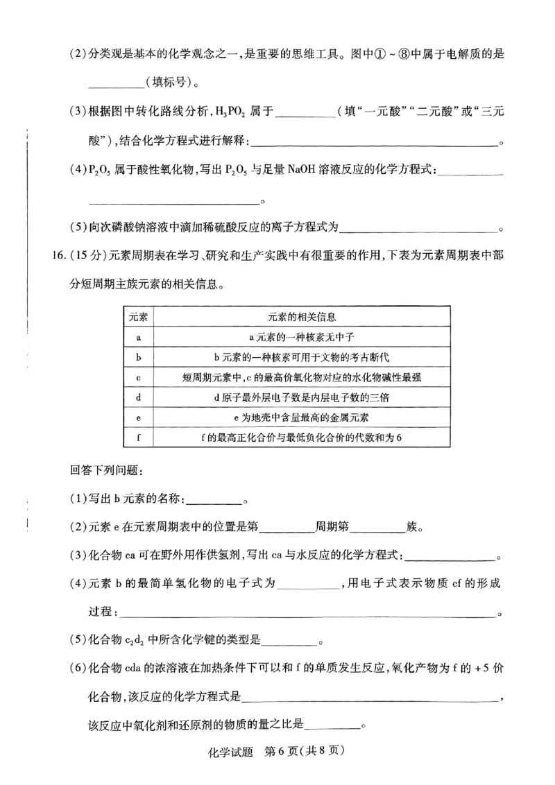 山西省晋中市2024-2025学年高一年级期末调研化学测试试卷_2025年03月试卷_0315山西省晋中市2024-2025学年高一上学期期末考试