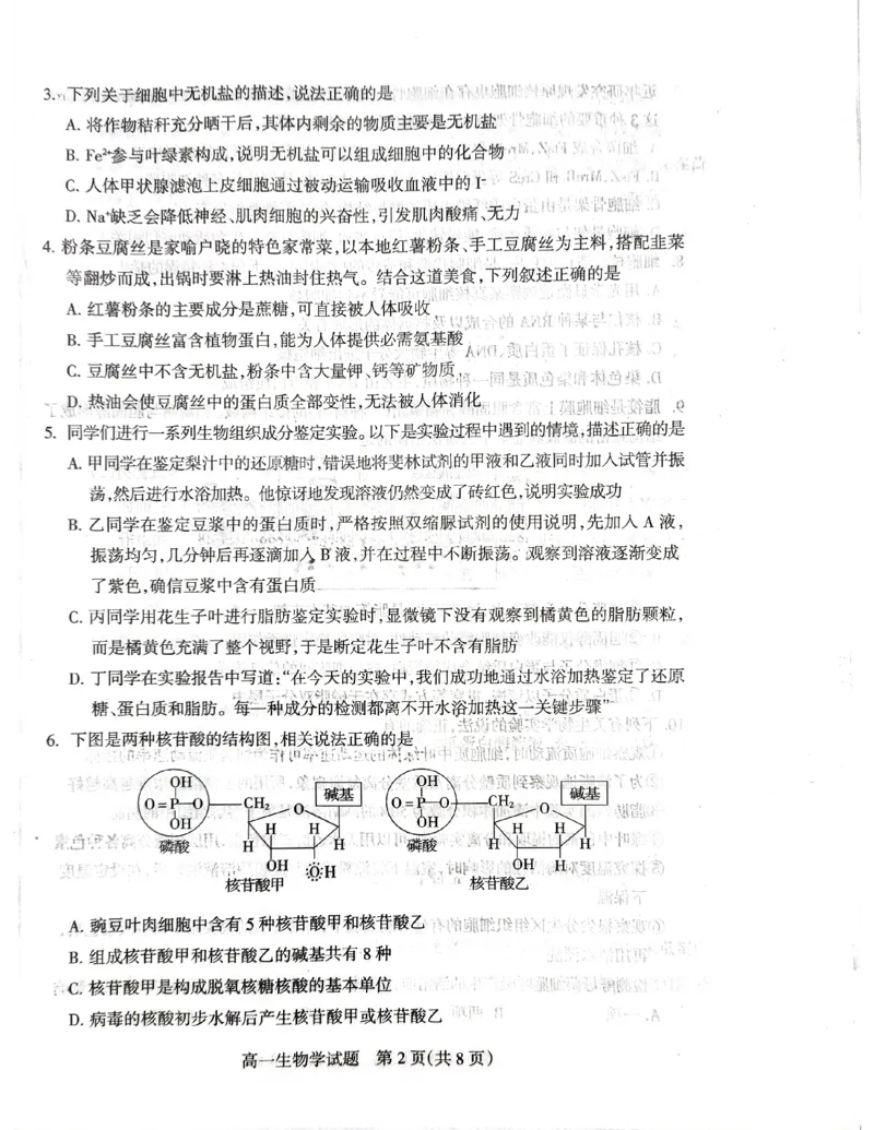 山西省阳泉市2025-2026学年度第一学期期末教学质量监测试题高一生物试卷_2026年02月高一试卷_260216山西省阳泉市2025-2026学年上学期期末高一