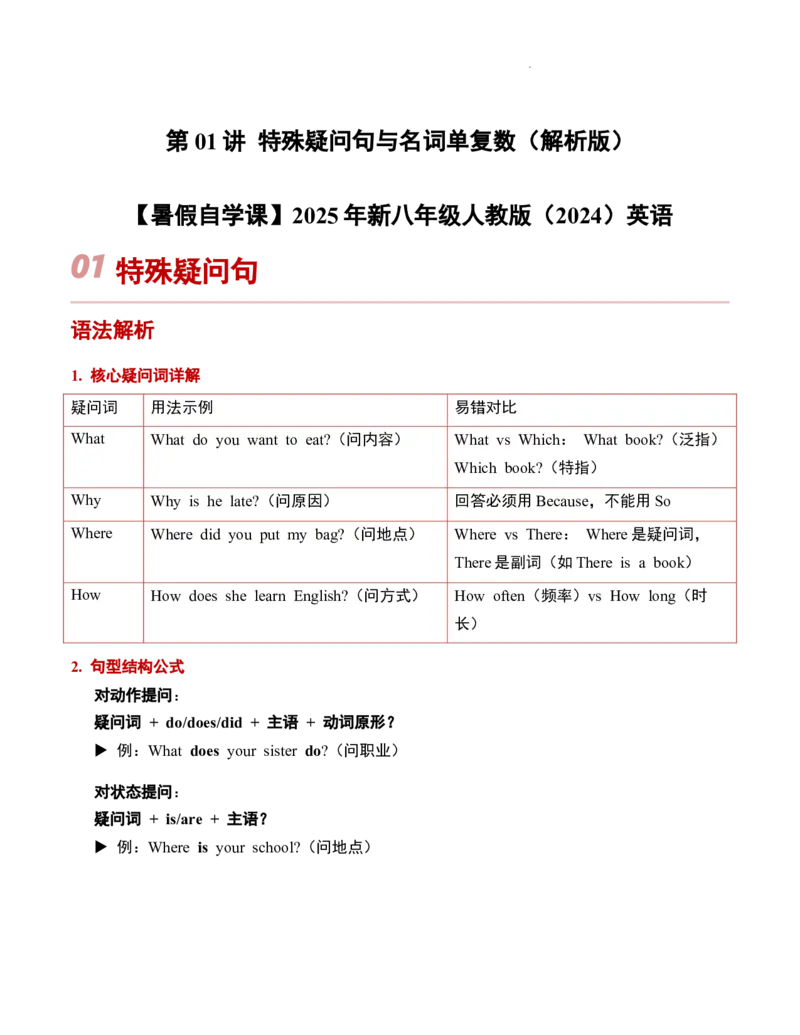第01讲特殊疑问句与名词单复数（解析版）暑假自学课2025年新八年级人教版（2024）英语_最新人教版英语八年级上册_新版_初中英语8上新更新第三套可选择_18暑假自学